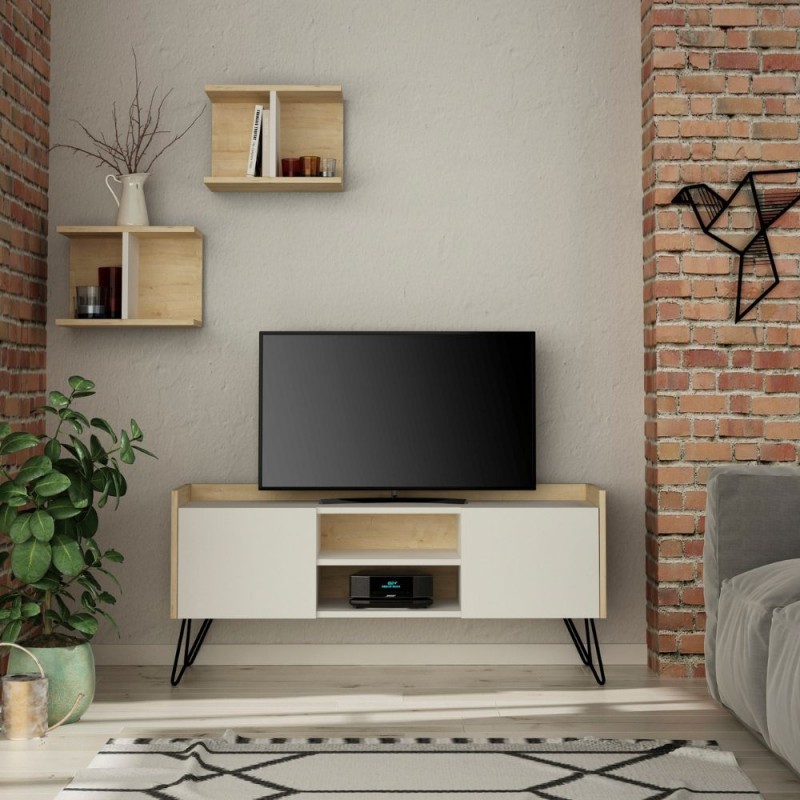 Meuble TV MDF patine bois brossé 2 niches, 3 tiroirs - Made in Meubles