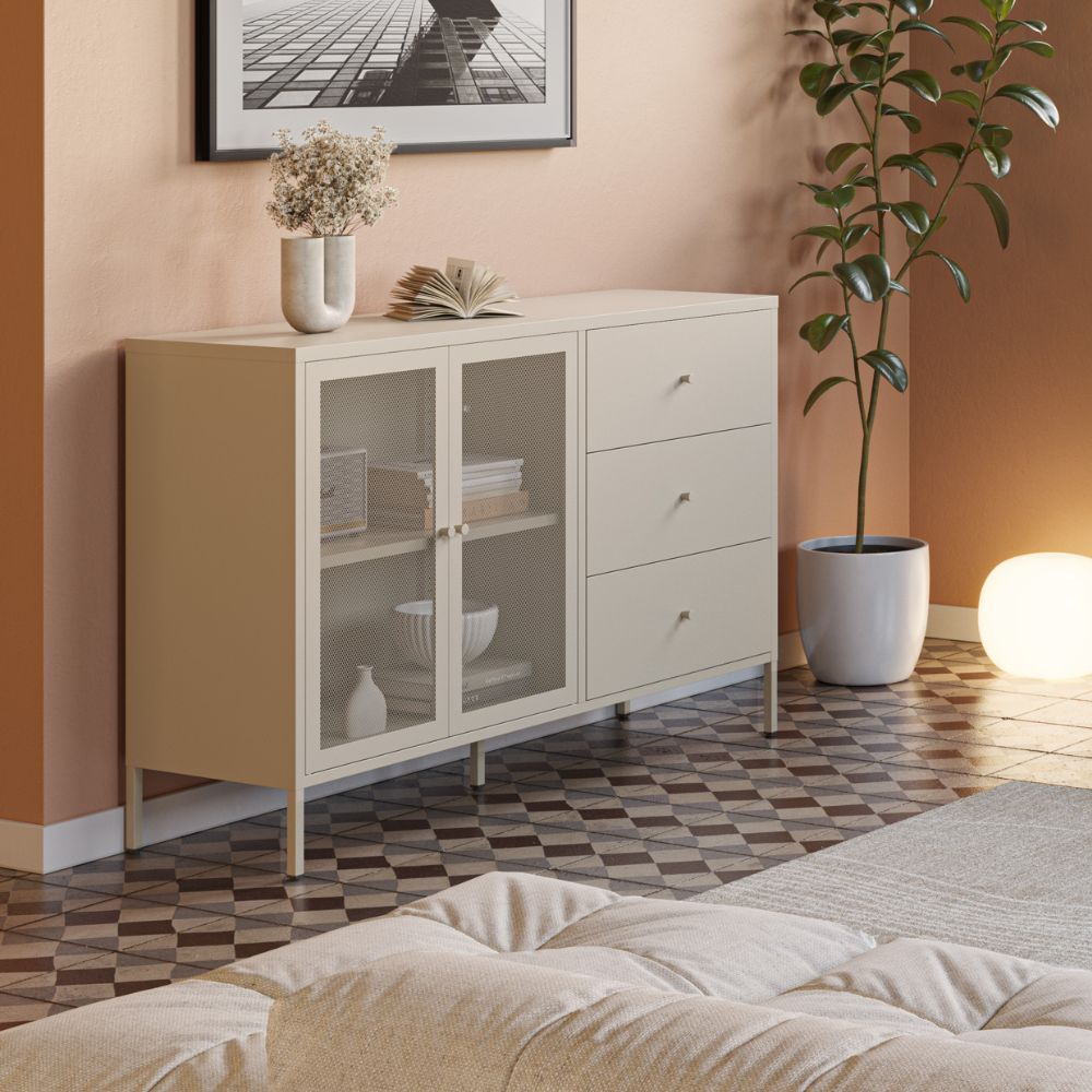 Metallsideboard mit 2 Türen und 3 Schubladen 140x40x90H sandfarben Fay – Toscohome