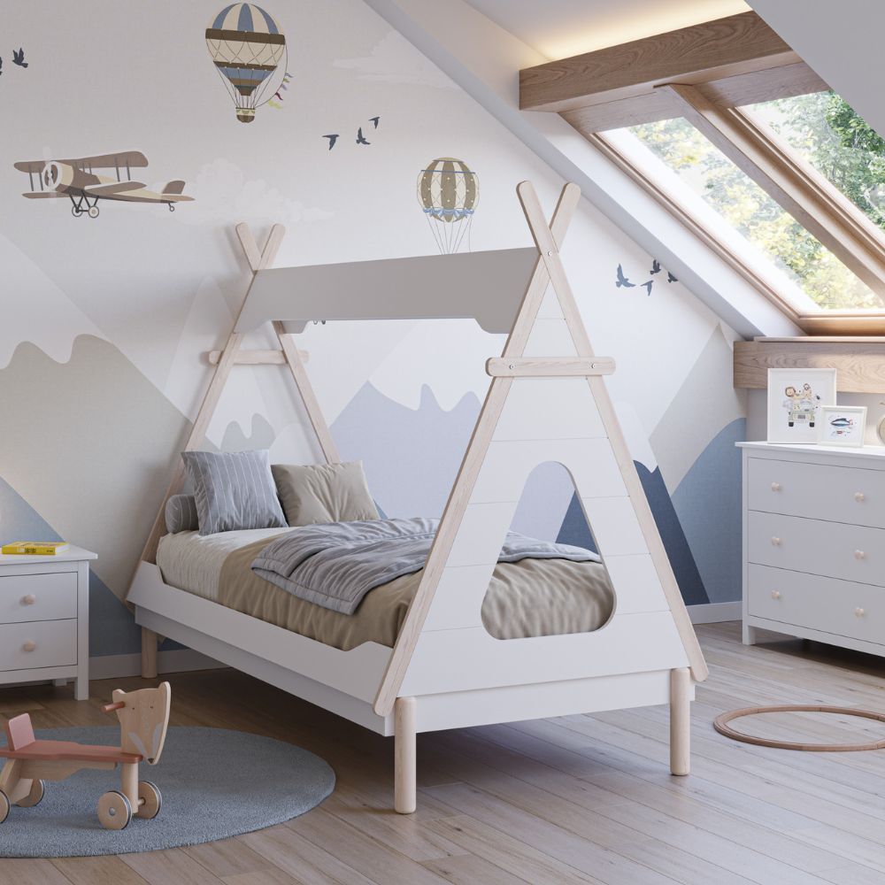 Einzelbett Zelt weiß und Kiefer für Kinder
