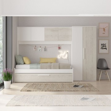 Cameretta a ponte 6006 con letto estraibile e armadio colore bianco consumato e bianco