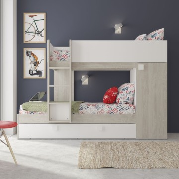 Cameretta con letto a castello e letto estraibile con armadio integrato colore bianco consumato e bianco reversibile