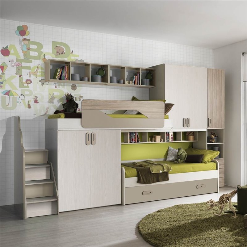 Cameretta soppalco con 3 letti color talco verde e brown - Milly