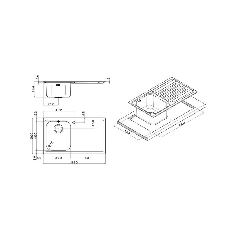 Lavello incasso cucina MP861VDX acciaio 86x50 cm una vasca e