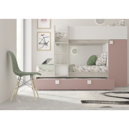 Letto a castello Climb per due bambini con letto estraibile e armadio -  Colore bianco consumato e rosa antico