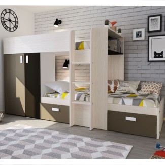 Letto a castello Climb per due bambini con letto estraibile e armadio -  Colore bianco consumato e rosa antico