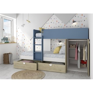 Letto a castello Gilbo per due bambini con armadio e cassetti - Colore  rovere e azzurro