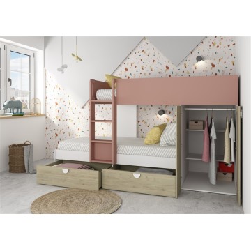 Letto a castello Gilbo per due bambini con armadio rovere e rosa