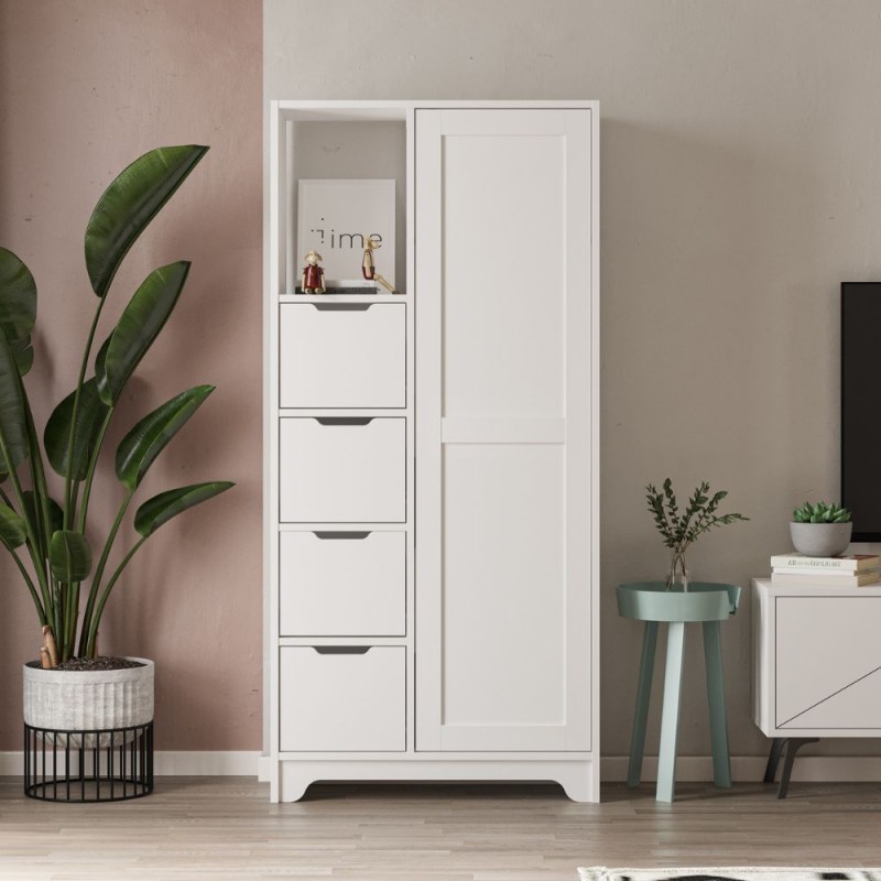 Armadio multiuso con 4 cassetti vano a giorno e anta Yada Midi colore bianco 77x29,6x164,5