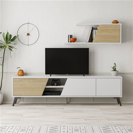 Set porta TV, tavolino e mensola a muro Ribera design Legno scuro e bianco