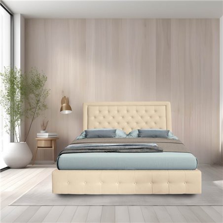 Letto matrimoniale con contenitore e testiera trapuntata con cornice colore champagne - Buttonsquare