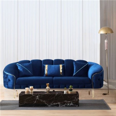 Divano 3 posti design chesterfield in velluto avvolgente blu e gambe oro Bentley Babyface14 250x88x88H