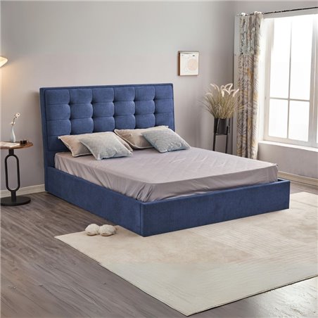 Letto matrimoniale con contenitore e testiera rivestito in tessuto colore blu scuro - Coco