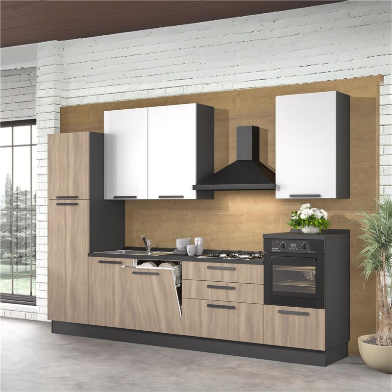 Cucina lineare moderna elettrodomestici inclusi Sinki 330 rovere gordon e bianco