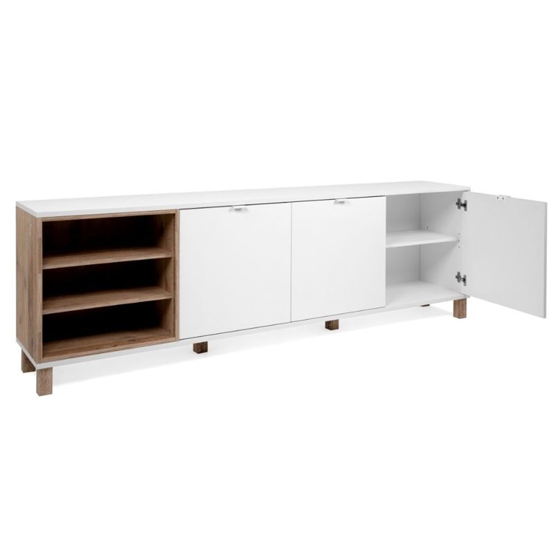 Credenza alta Maia 3 ante 3 cassetti con vetro antracite lucido rovere