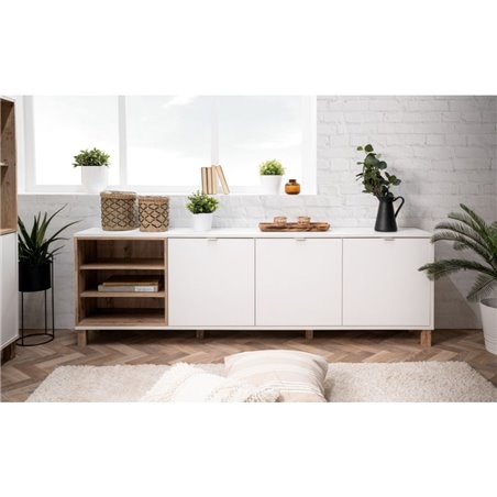 Credenza moderna bianco e rovere con piedi in vetro - Spazio Casa