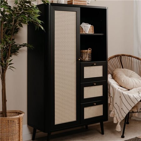 Credenza KUTA53 nera 3 cassetti e anta effetto rafia