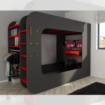 Letto a soppalco 5000 con postazione gamer antracite rosso