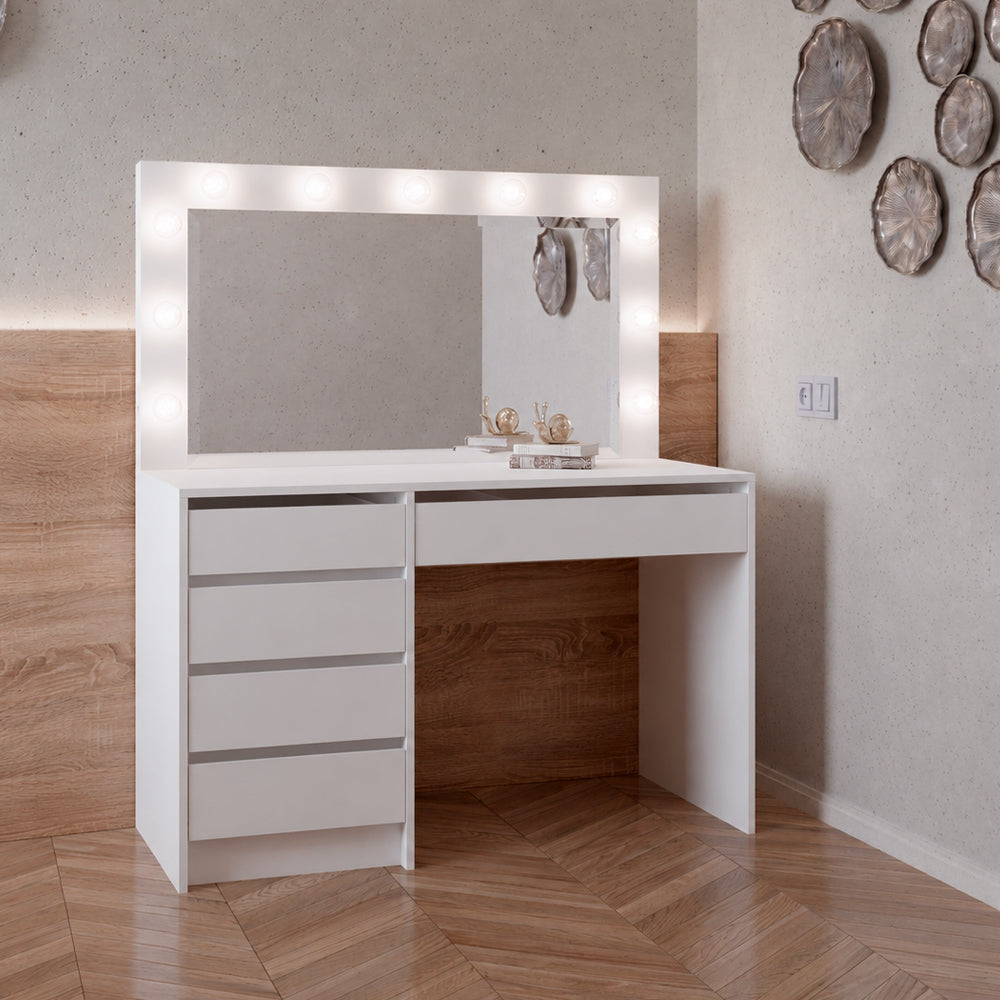 Toeletta trucco Elite bianca con specchio 5 cassetti e lampadine LED 120x55x150H