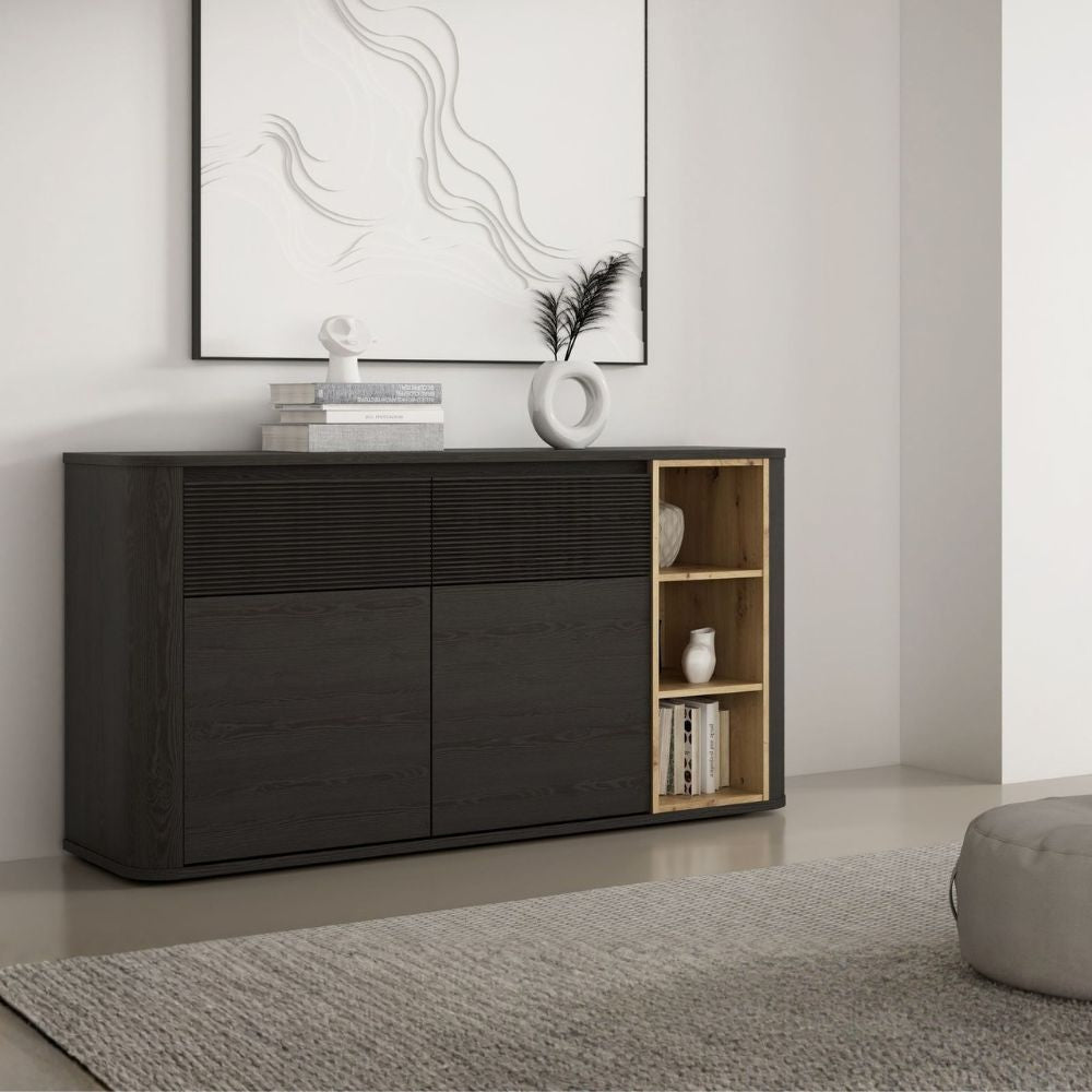 Madia 2 ante 2 cassetti con vani a giorno 160 cm nero e dettaglio rovere Origin Core