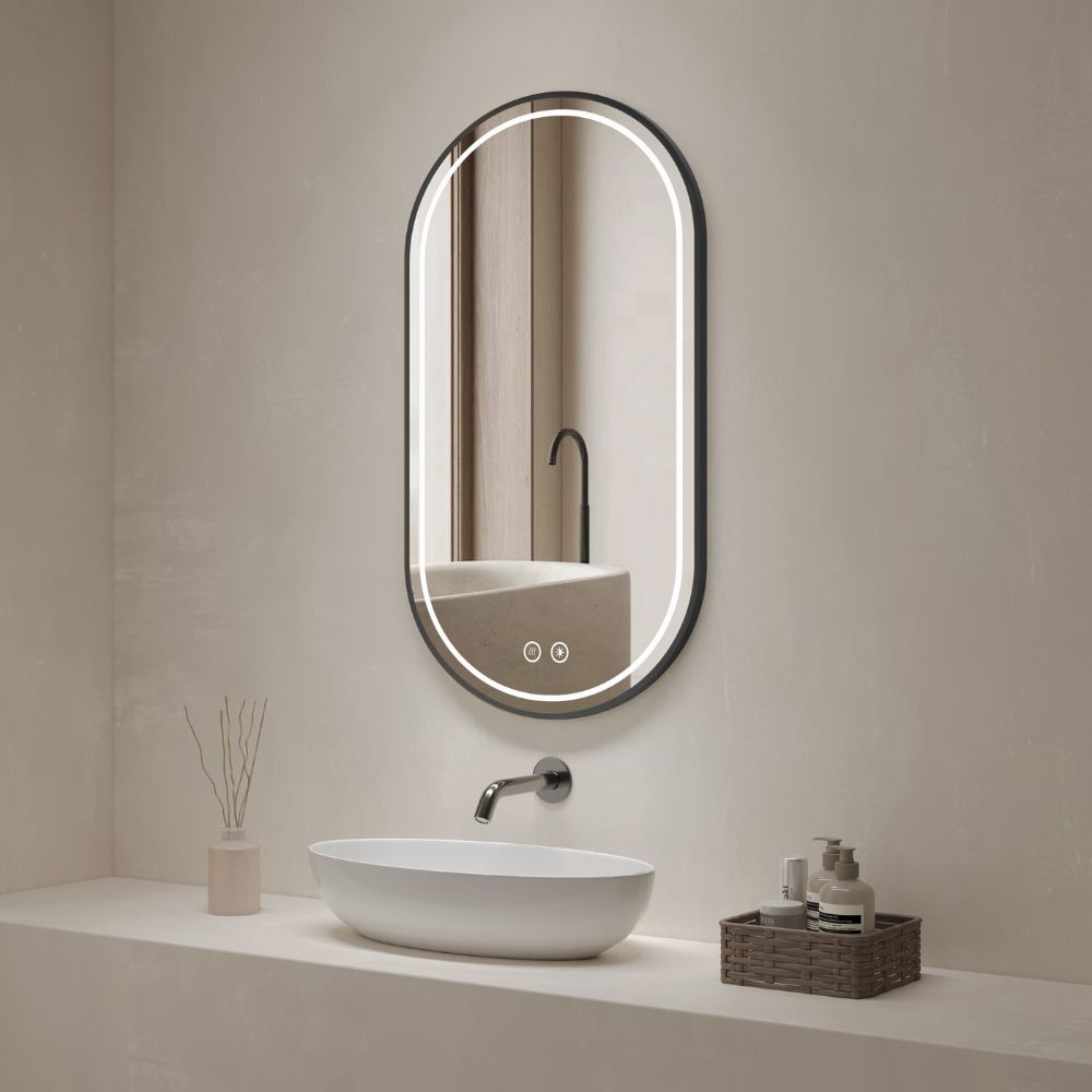 Specchio smart ovale anti-appannamento YJ-2004BL 90x60 con cornice nera in acciaio inox satinato