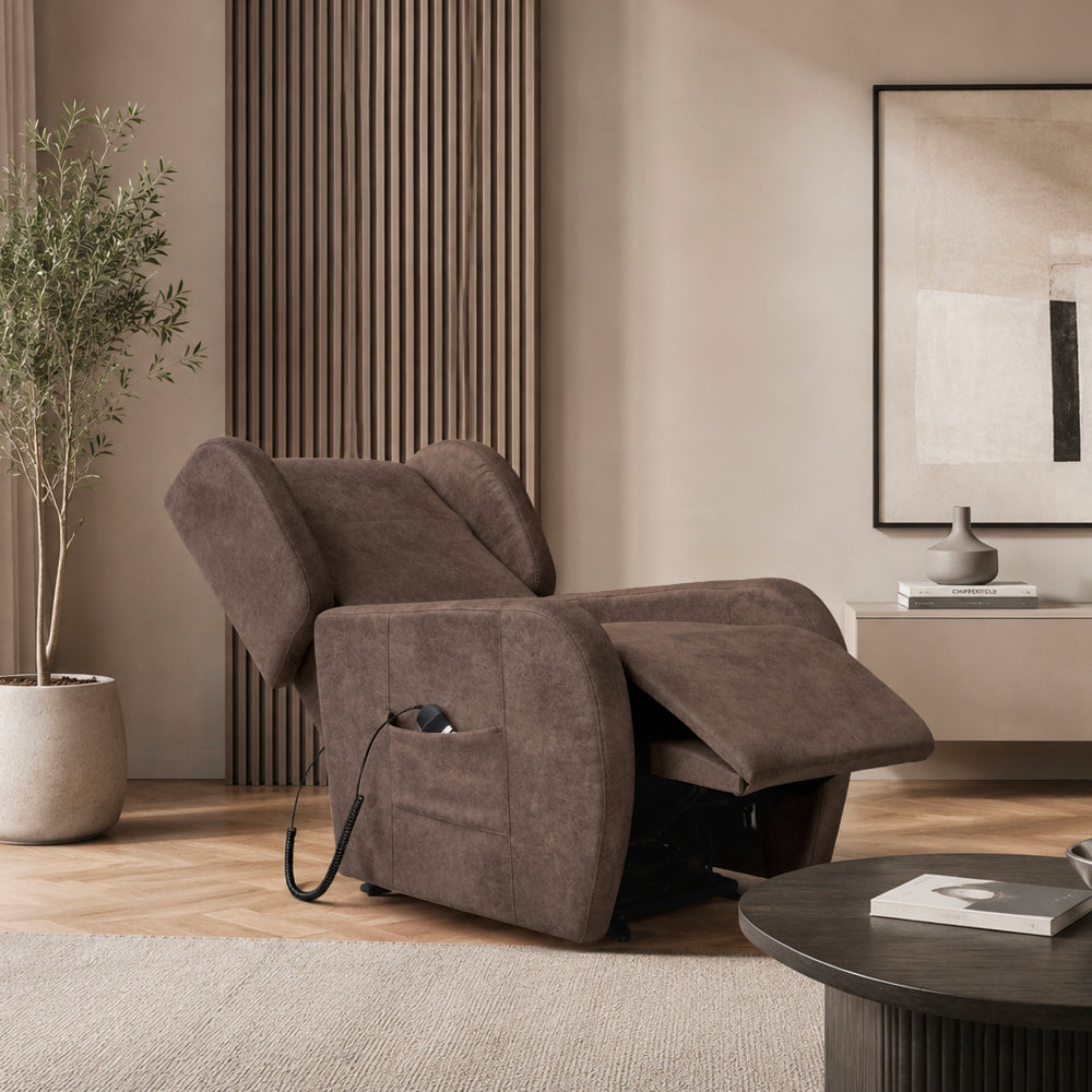 Poltrona alzapersona 2 motori con roller bar e tessuto antimacchia brown Lift