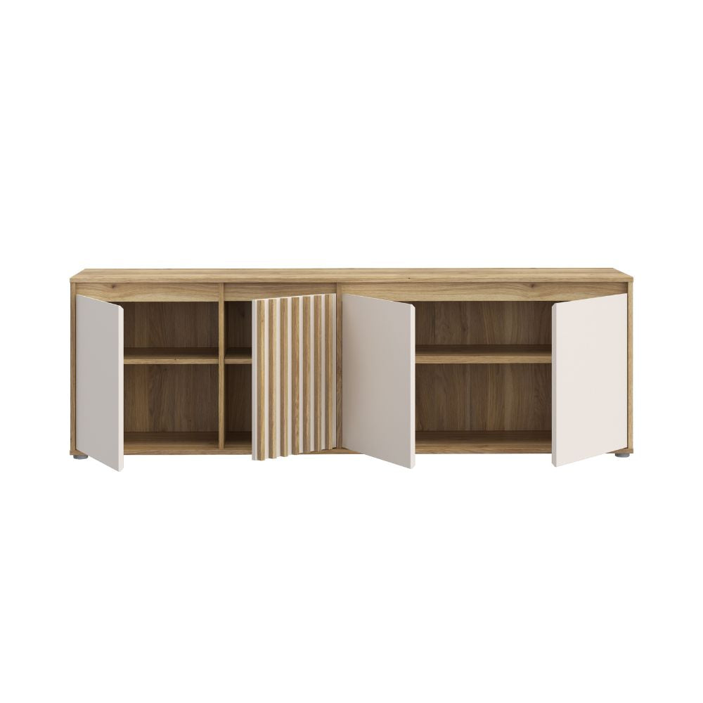 Porta Tv 4 ante con dettagli cannettati colore rovere e cashmere Neutra