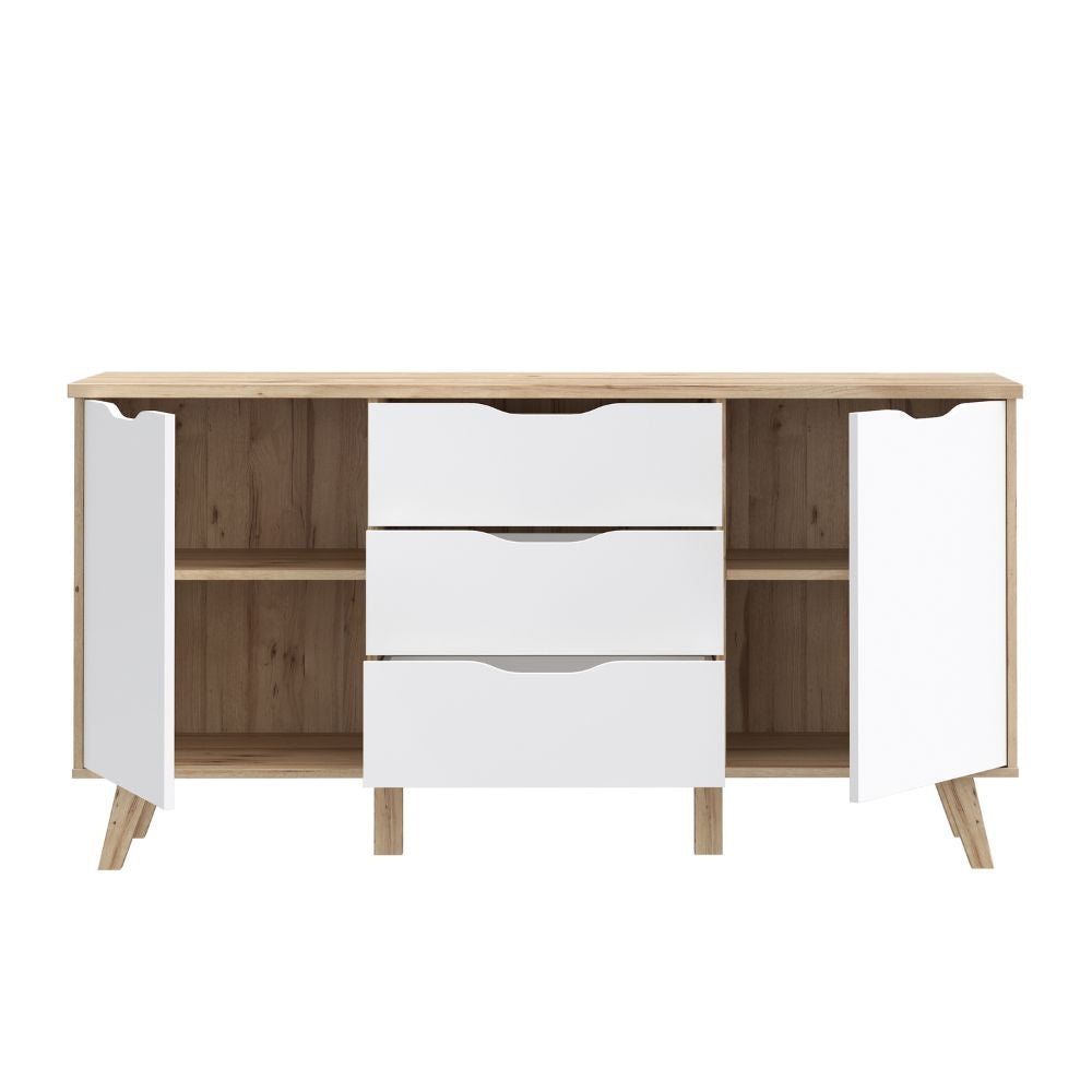 VNKK231-L25 SIDEBOARD AXIS EICHENSTRUKTUR MIT WEISSEN FRONTEN ZWEI TÜREN UND DREI SCHUBLADEN