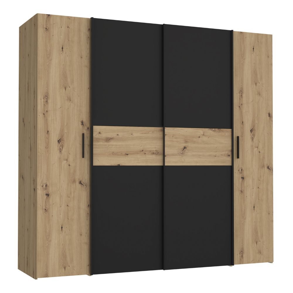 Armadio 4 ante rovere e nero con ante scorrevoli e battenti 200x61x190H Teodoro