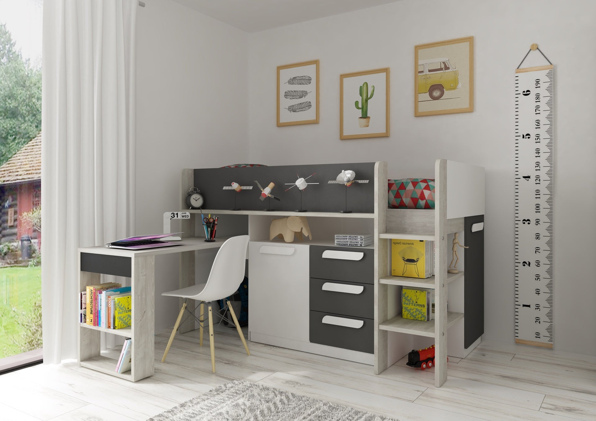 Letto a soppalco con scrivania estraibile colore bianco antracite 6020
