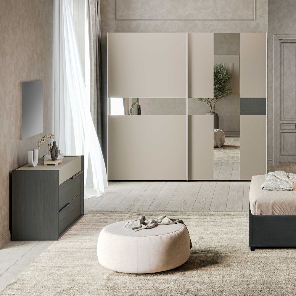 Chambre complète avec armoire coulissante avec miroirs et lit coffre couleur gris et talc - Sonia