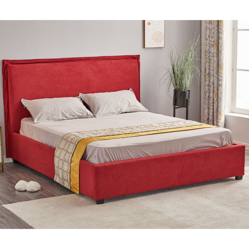 Doppelbett mit Bettkasten und Kopfteil, bezogen mit rotem Stoff - Neso