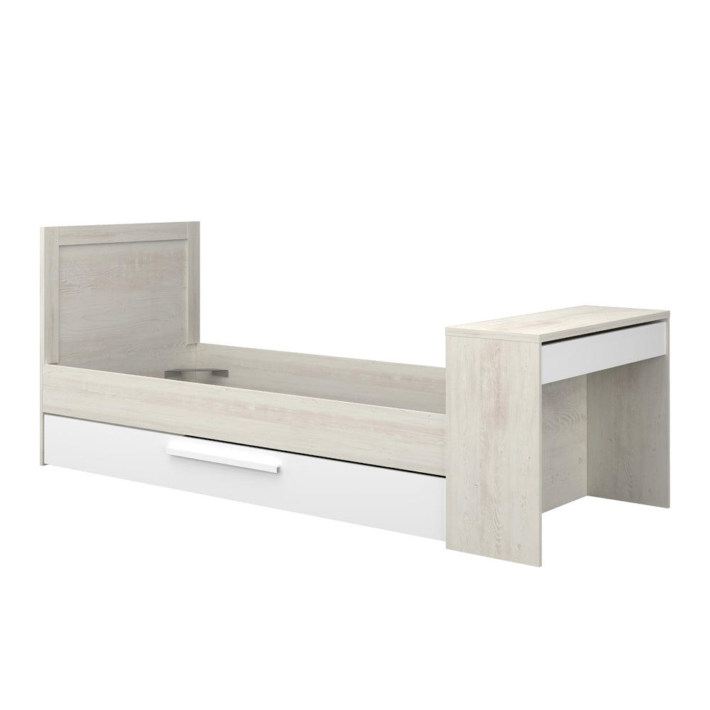 Einzelbett mit integriertem Schreibtisch und Ausziehbett in Vintage-Weiß und Weiß