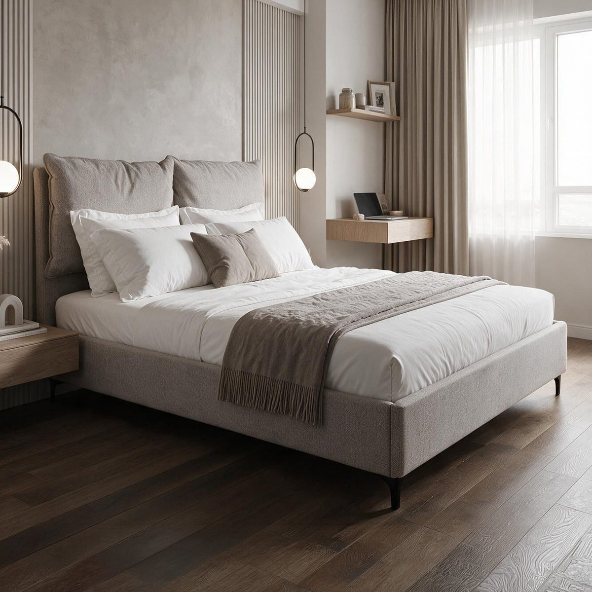 Letto matrimoniale con contenitore in tessuto tortora Vogue
