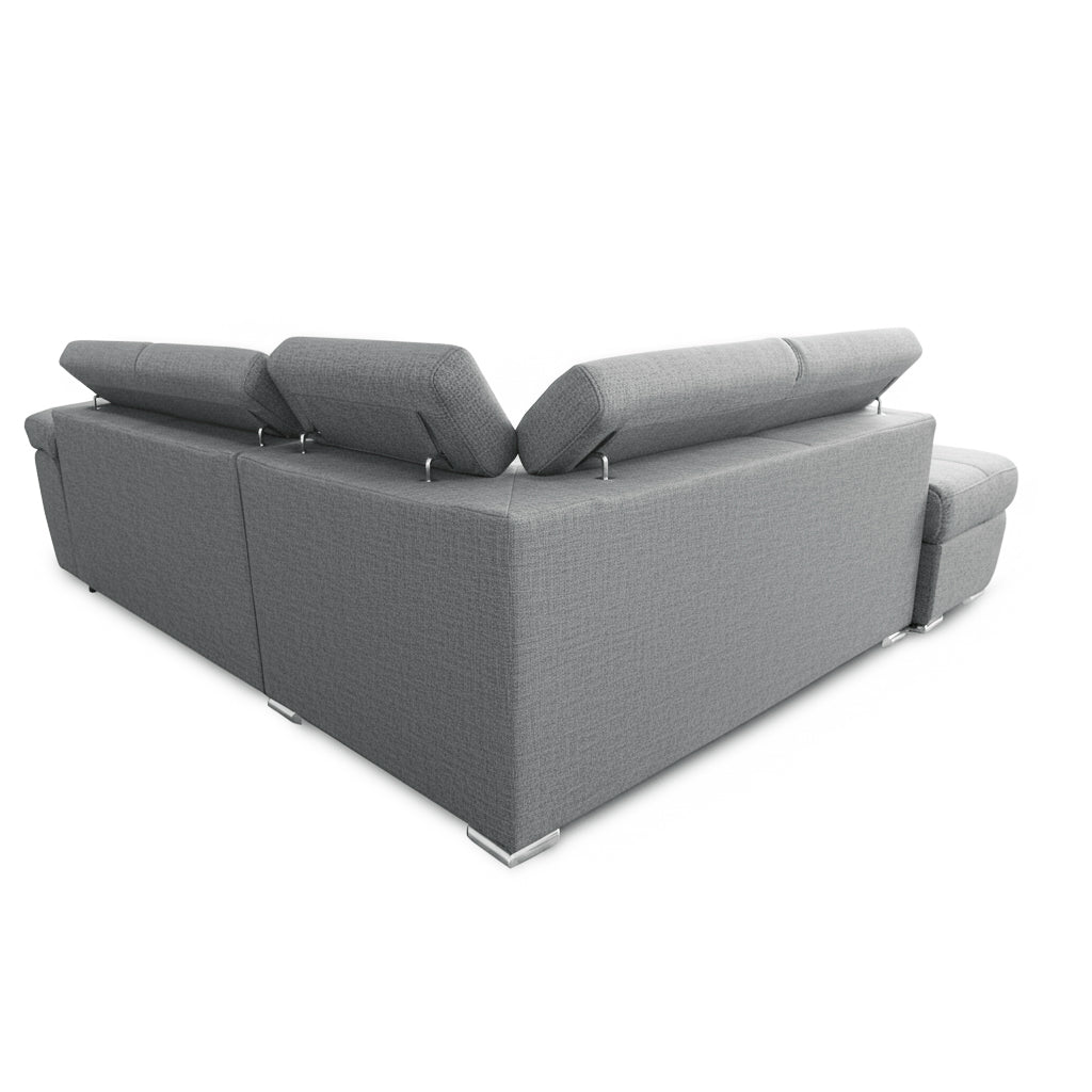 Divano letto angolare con penisola sinistra e pouf contenitore grigio Fiona