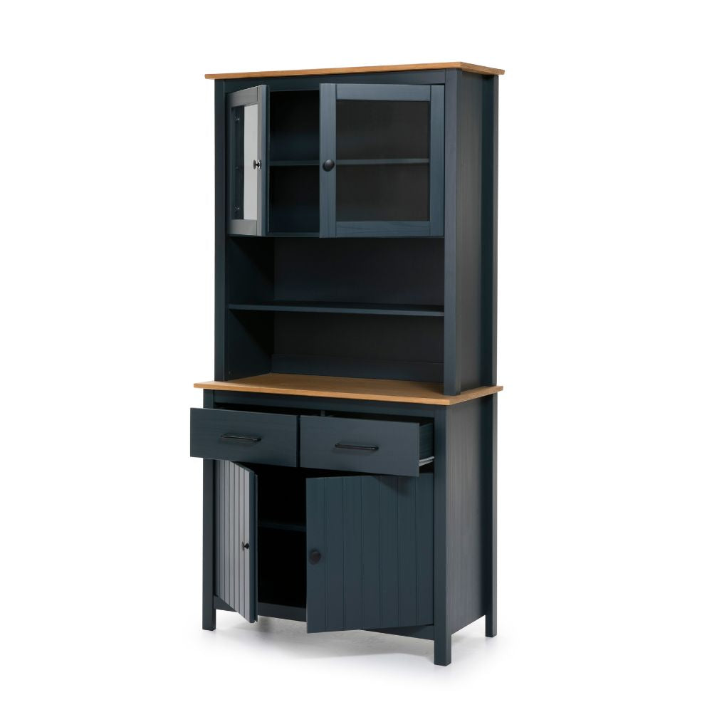 Credenza in legno massiccio con vetrina ante e cassetti colore blu e rovere 90x40x180H cm - Herti