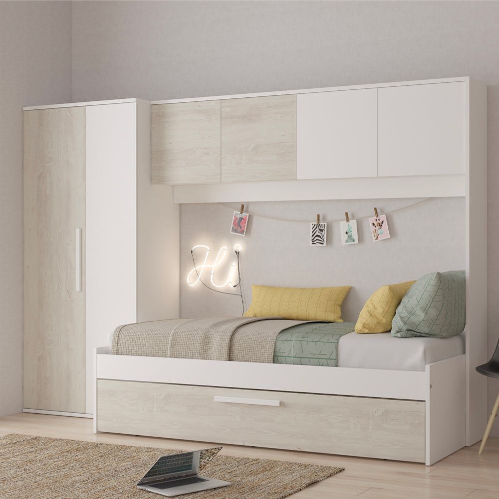 Brückenbett mit Ausziehbett und Kleiderschrank in Used-Weiß und Weiß