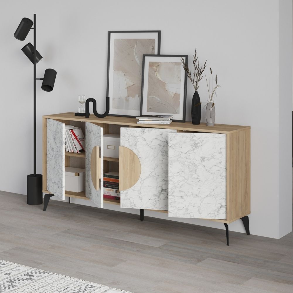 Madia 4 ante colore bianco effetto marmo carrara e rovere 180x35,6x82 Gora180
