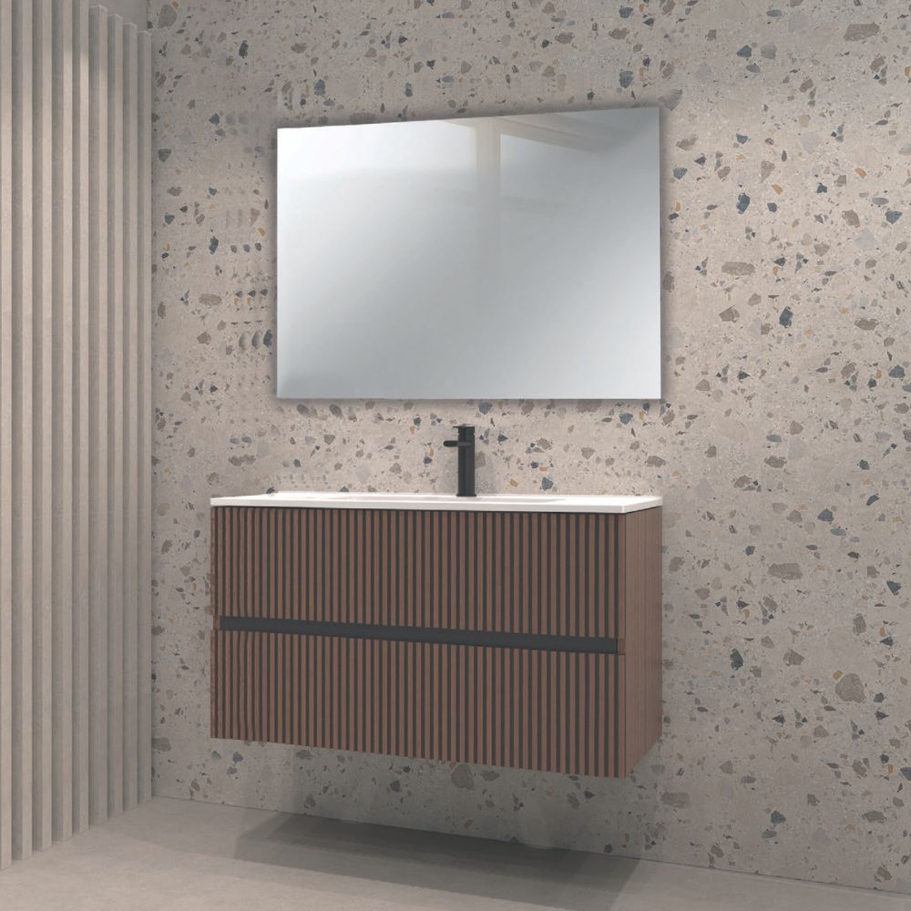 Hängender Badezimmerschrank mit zwei Schubladen und Spiegel, Nussbaumfarbe mit Rilleneffekt 80x45x50H cm - Bifosy