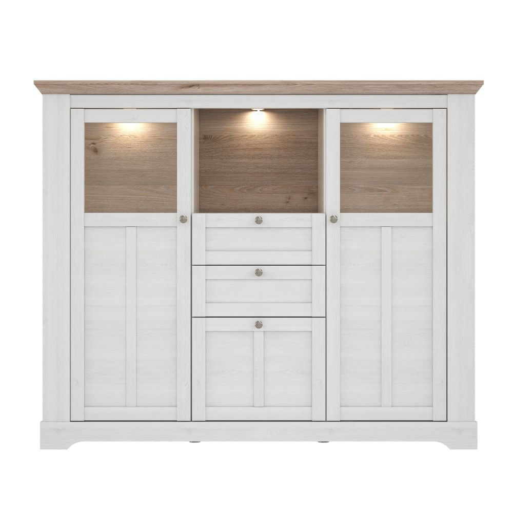 Credenza 3 ante in vetro temperato e luci LED rovere bianco neve e olmo scuro Forma