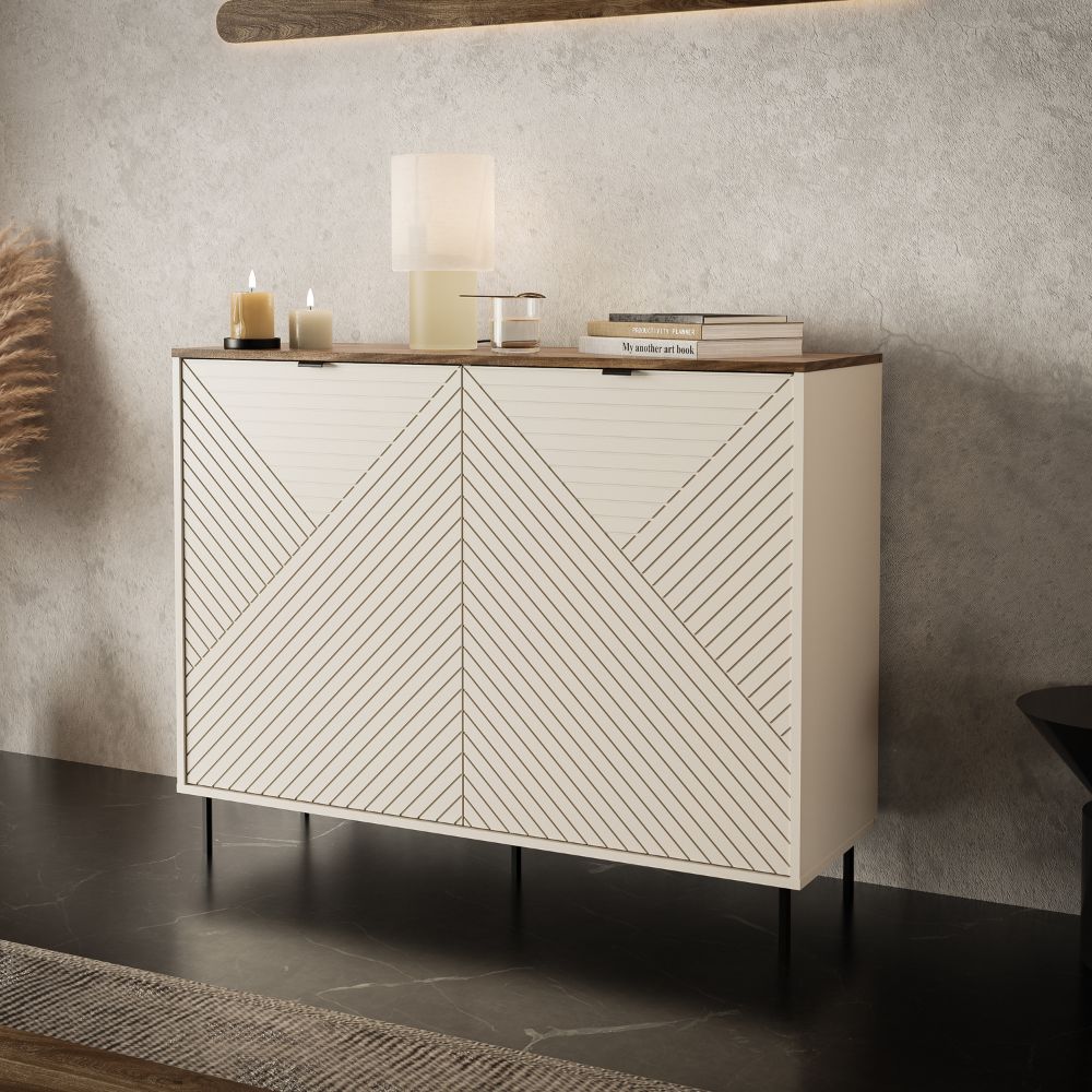 Credenza 2 ante design geometrico colore cashmere e top rovere Mirage01