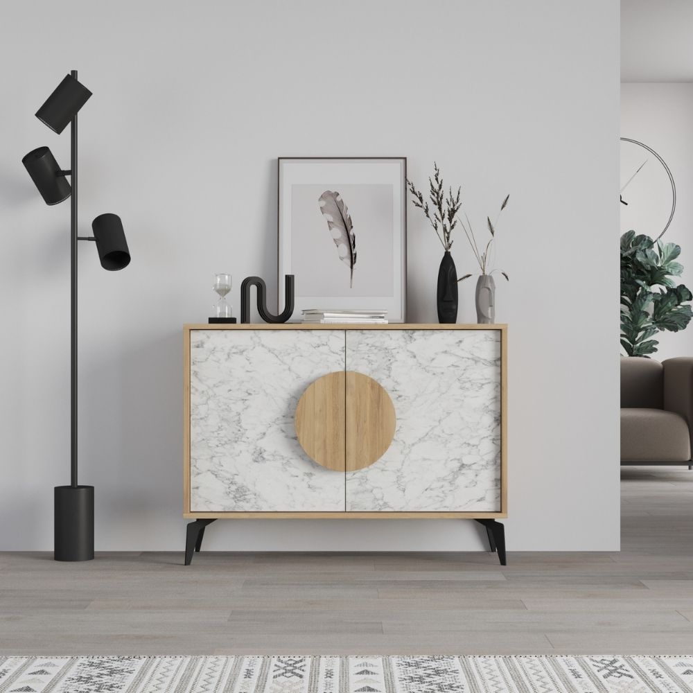 Madia 2 ante 110x35,6x82 colore bianco effetto marmo carrara e rovere Gora110