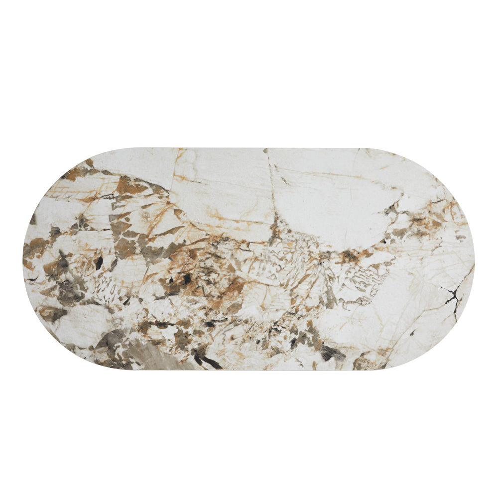 Tavolo ovale 200x100 con piano effetto marmo bianco arabesque e base rovere naturale Nordico