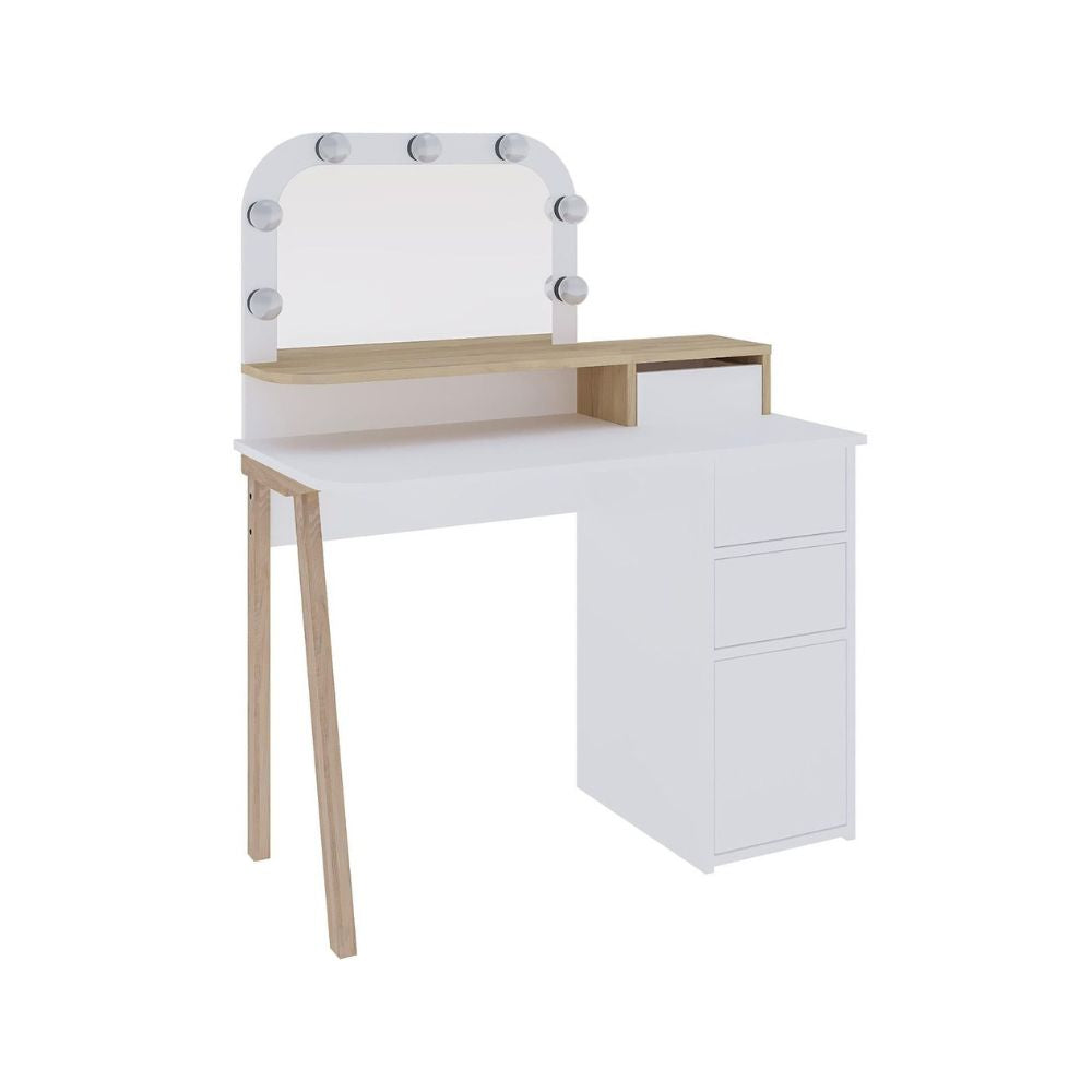 Toeletta da trucco bianco e rovere con specchio e luci LED 105x51.5x131H Avien