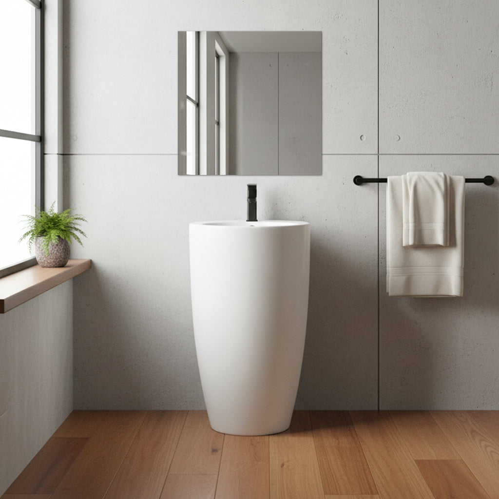 Rechteckiges Standwaschbecken aus glänzender weißer Keramik 53x46,5x86,5 LAV203
