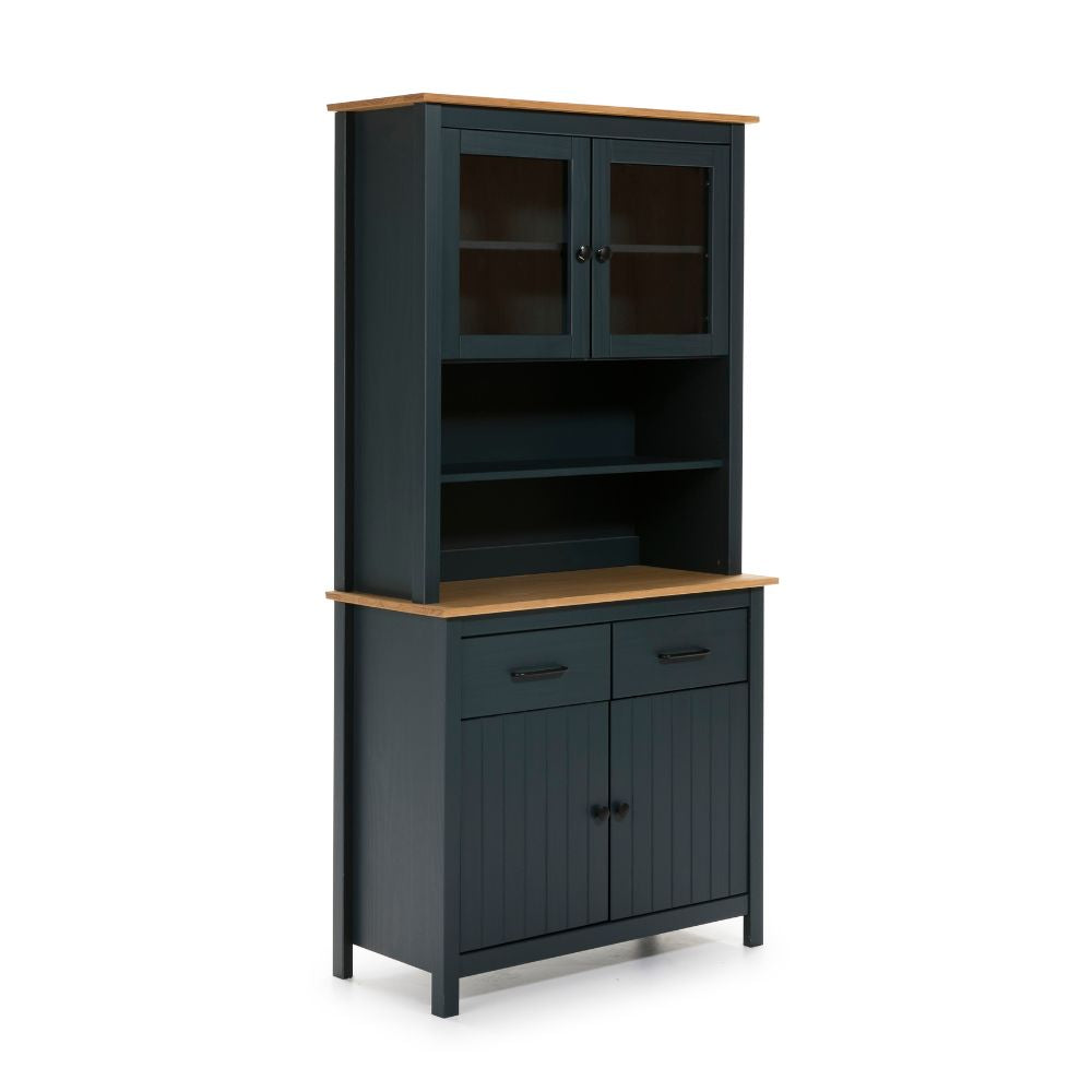 Buffet en bois massif avec vitrine, portes et tiroirs, couleur bleu et chêne 90x40x180H cm - Herti
