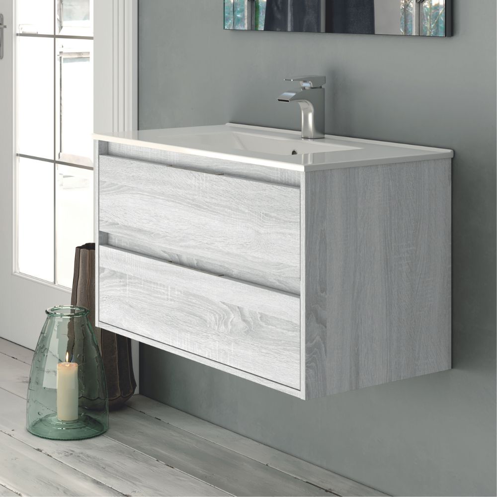Mobile da bagno sospeso 60 cm con 2 cassetti e lavabo colore rovere grigio ghiaccio - Foltin