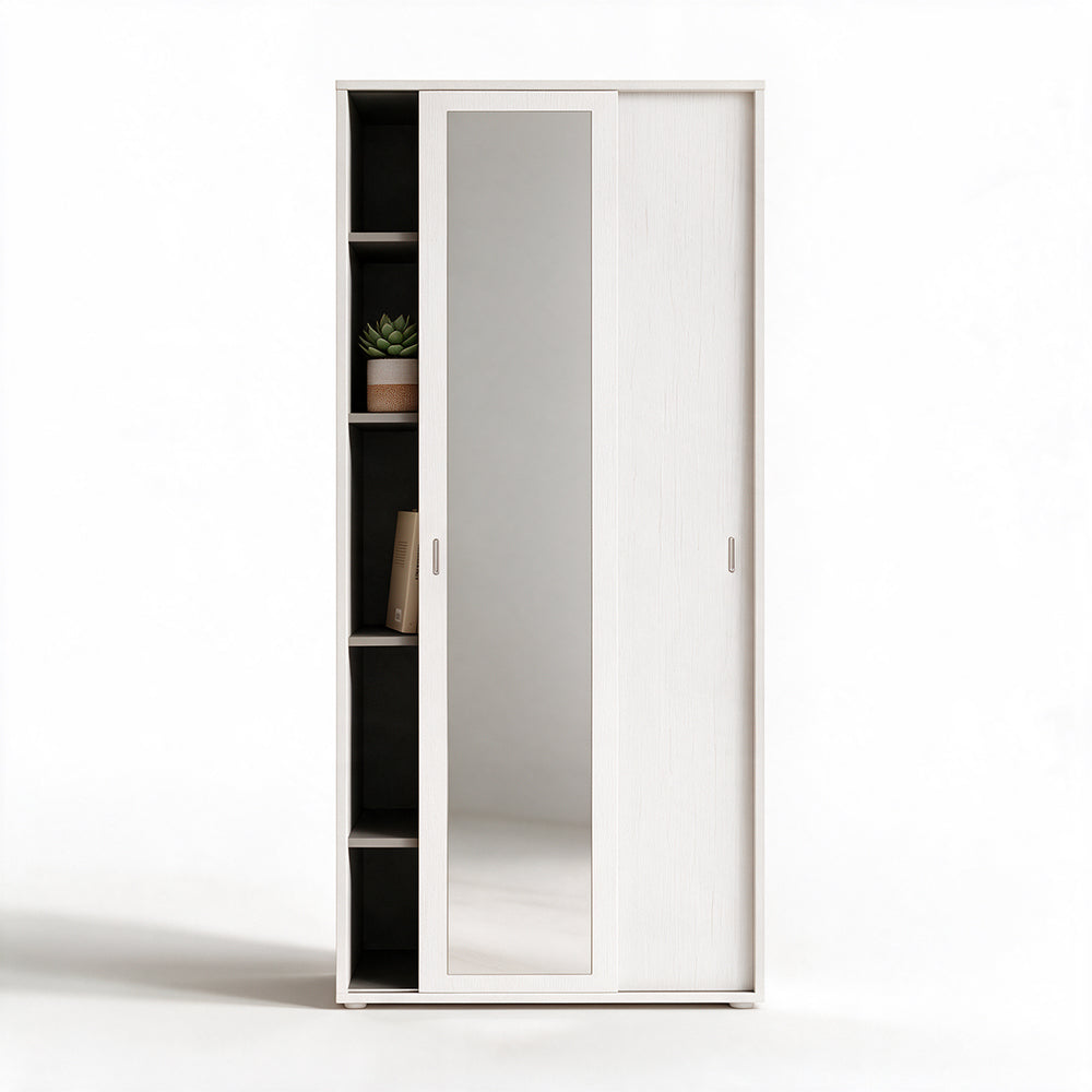 Armadio a due ante scorrevoli con specchio e ripiani colore bianco frassinato 90x212H cm