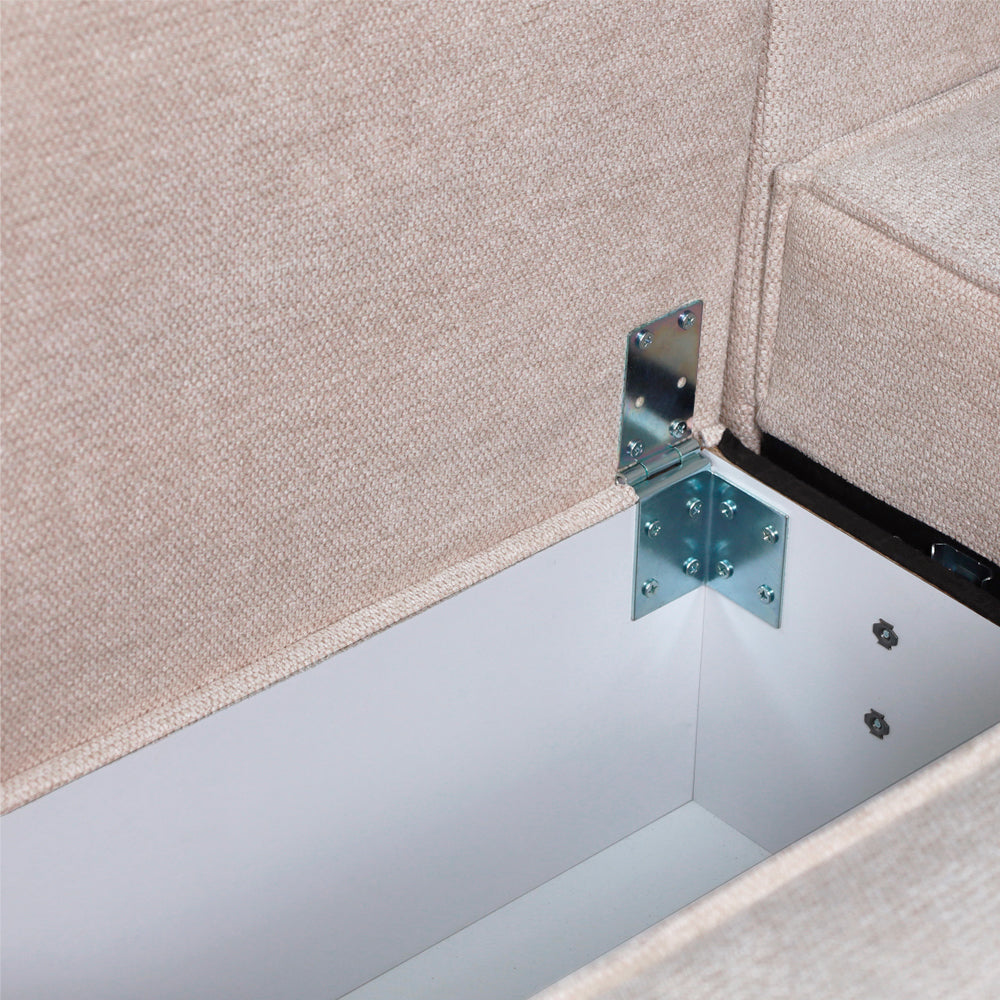Divano angolare beige con letto Easy Open, contenitore e penisola reversibile Emily