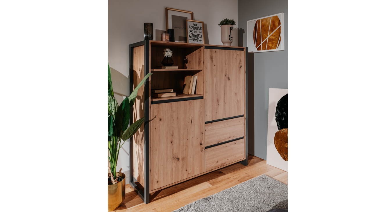 Credenza 120x140h cm con ante e cassetti colore quercia e antracite - Denver 51