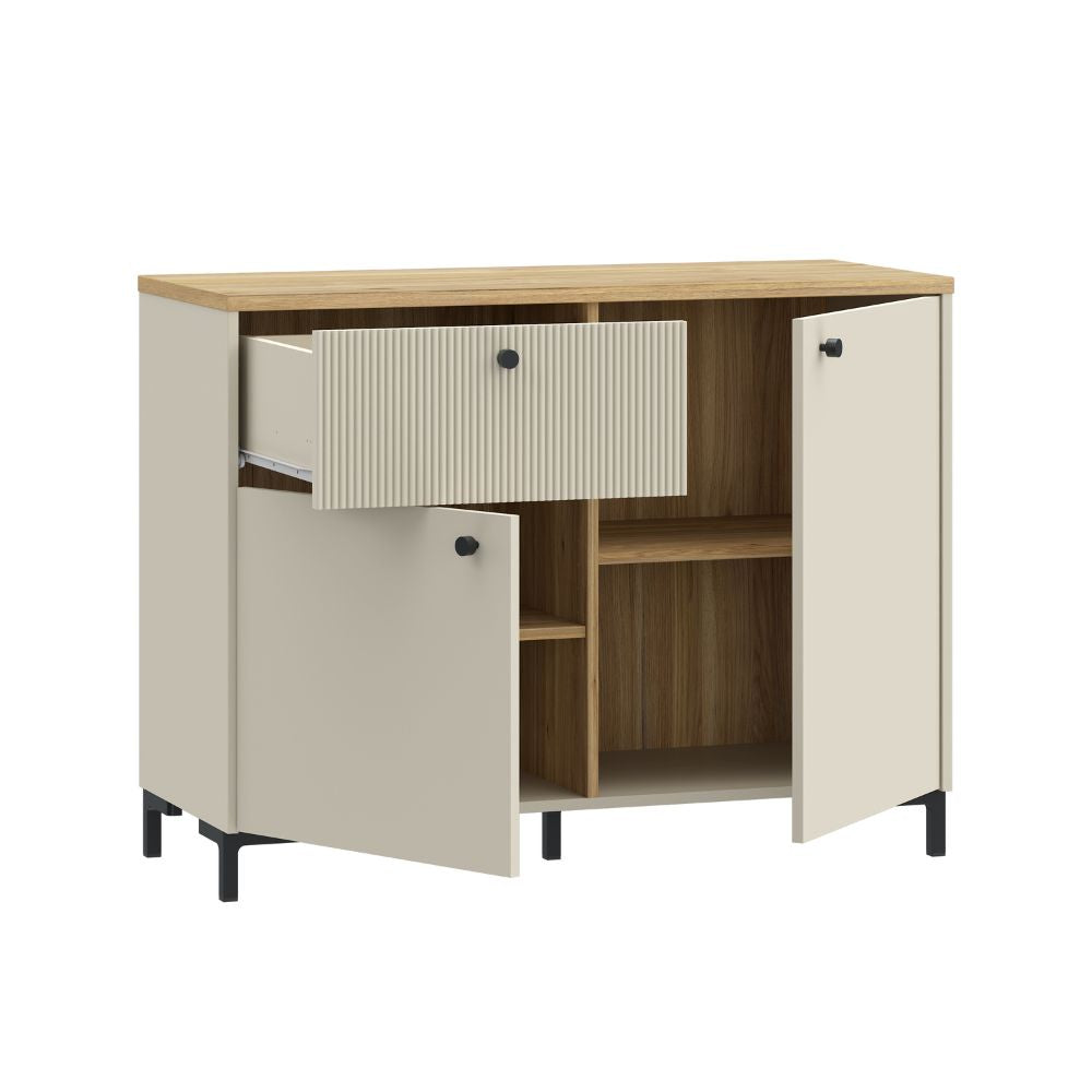 Madia 2 ante, 1 cassetto cannettato e top rovere Unit